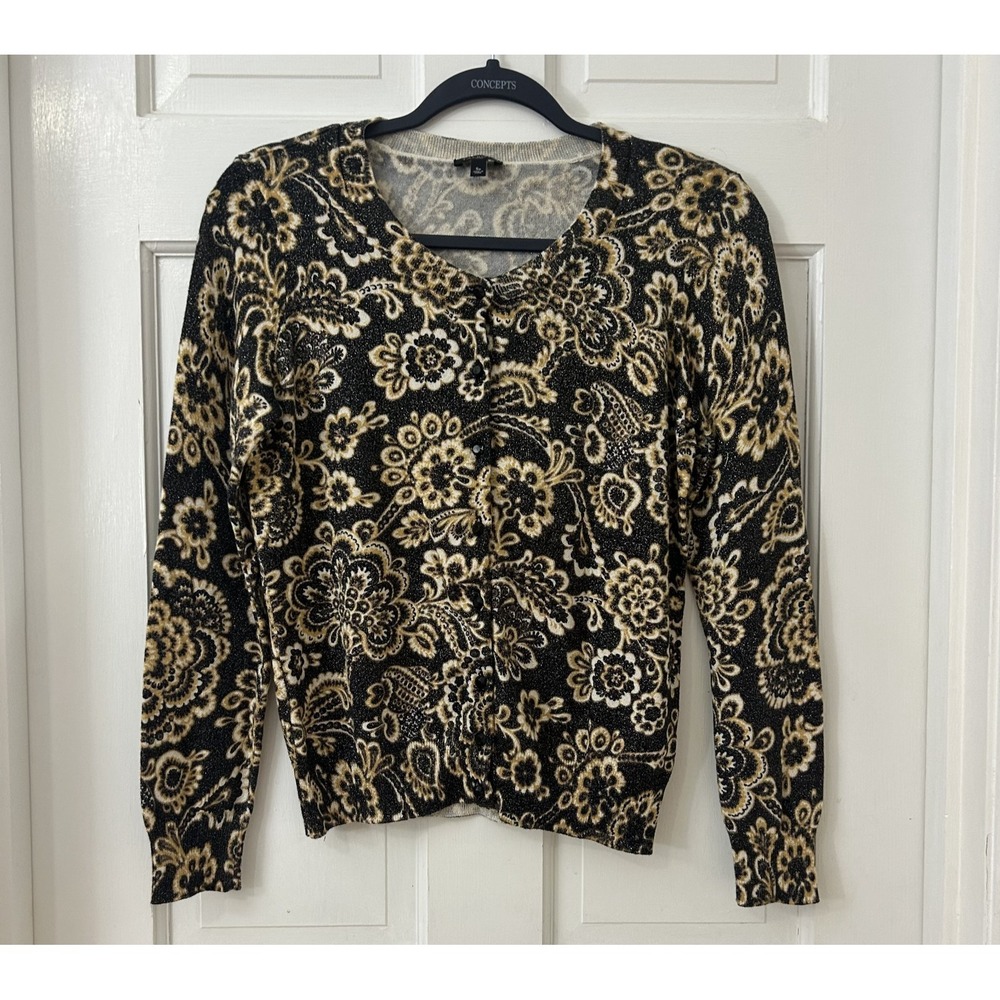 Talbots Cardigan Sweater Festive Holiday Black & Metallic Gold Paisley SP